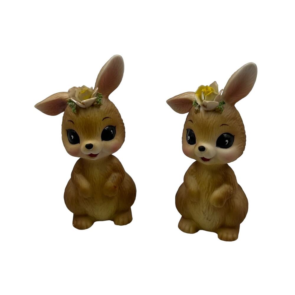 Vintage Josef Originals 2 Ceramic Bunny Rabbits Yellow Rose Bent Ears Figurines